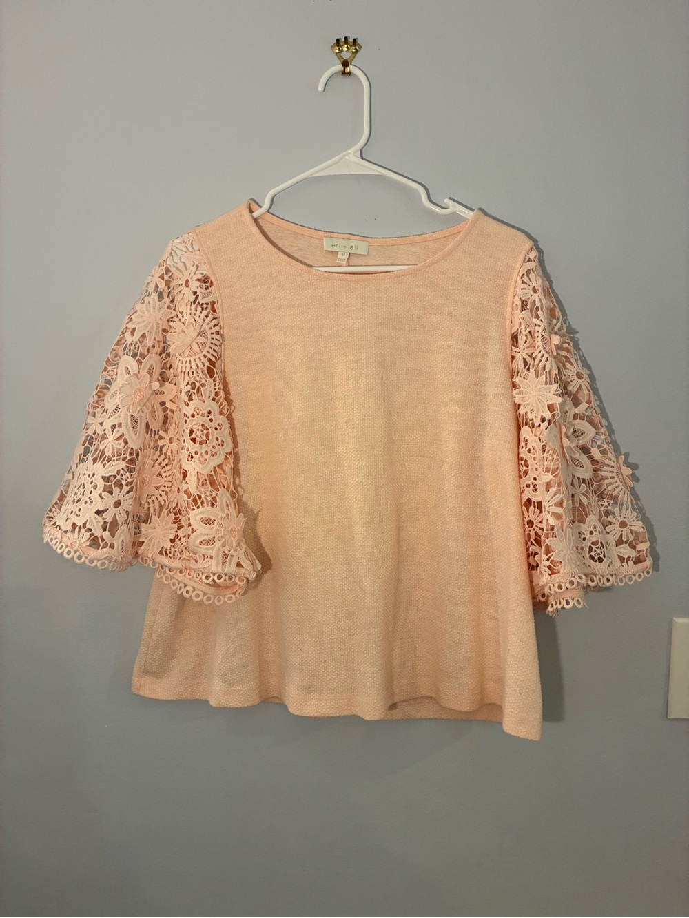 Anthropologie Peach Lace-Sleeve Knit Top